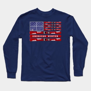 American Winter - skis and snowflakes USA flag - navy background Long Sleeve T-Shirt